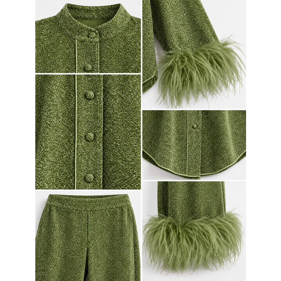 Feather-Trimmed Top and Wide Leg Pants Set Apparel Accessories