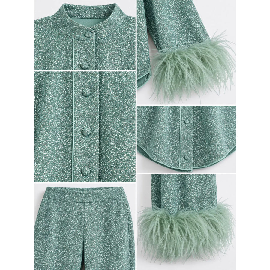 Feather-Trimmed Top and Wide Leg Pants Set Apparel Accessories