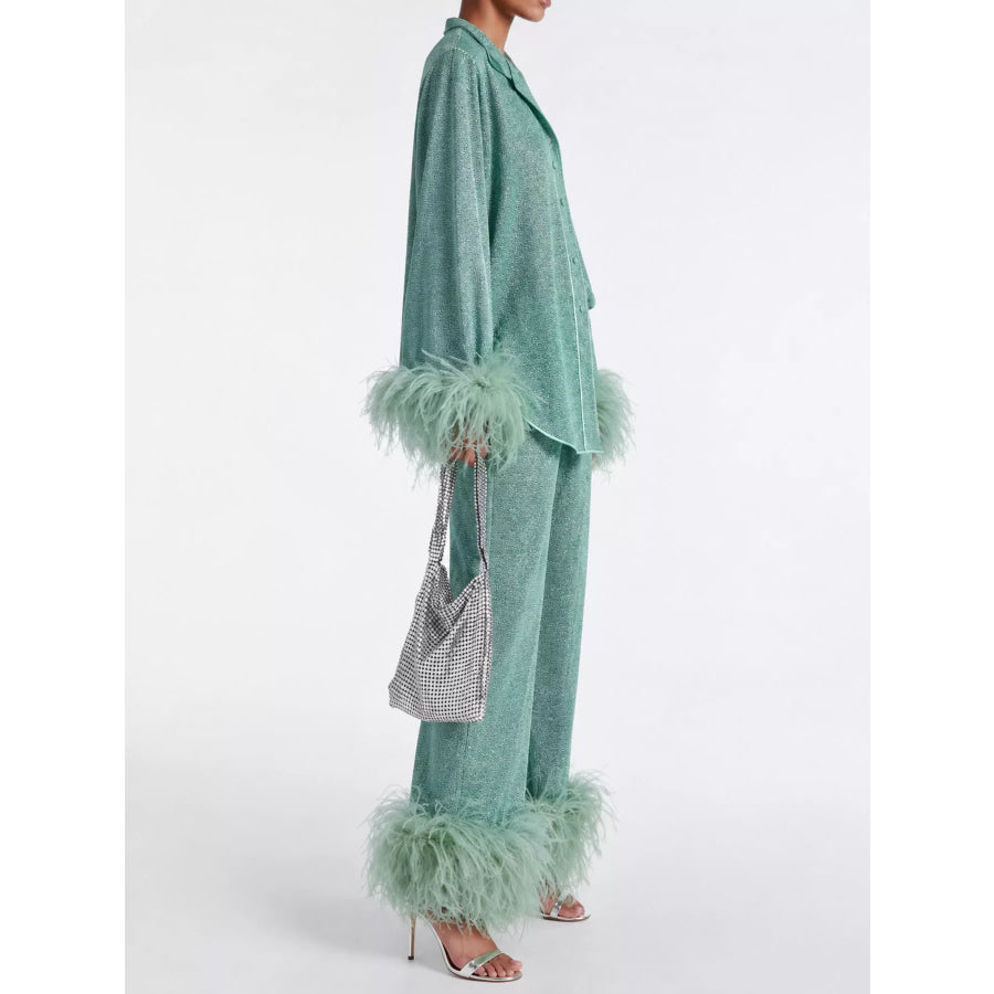 Feather-Trimmed Top and Wide Leg Pants Set Apparel Accessories