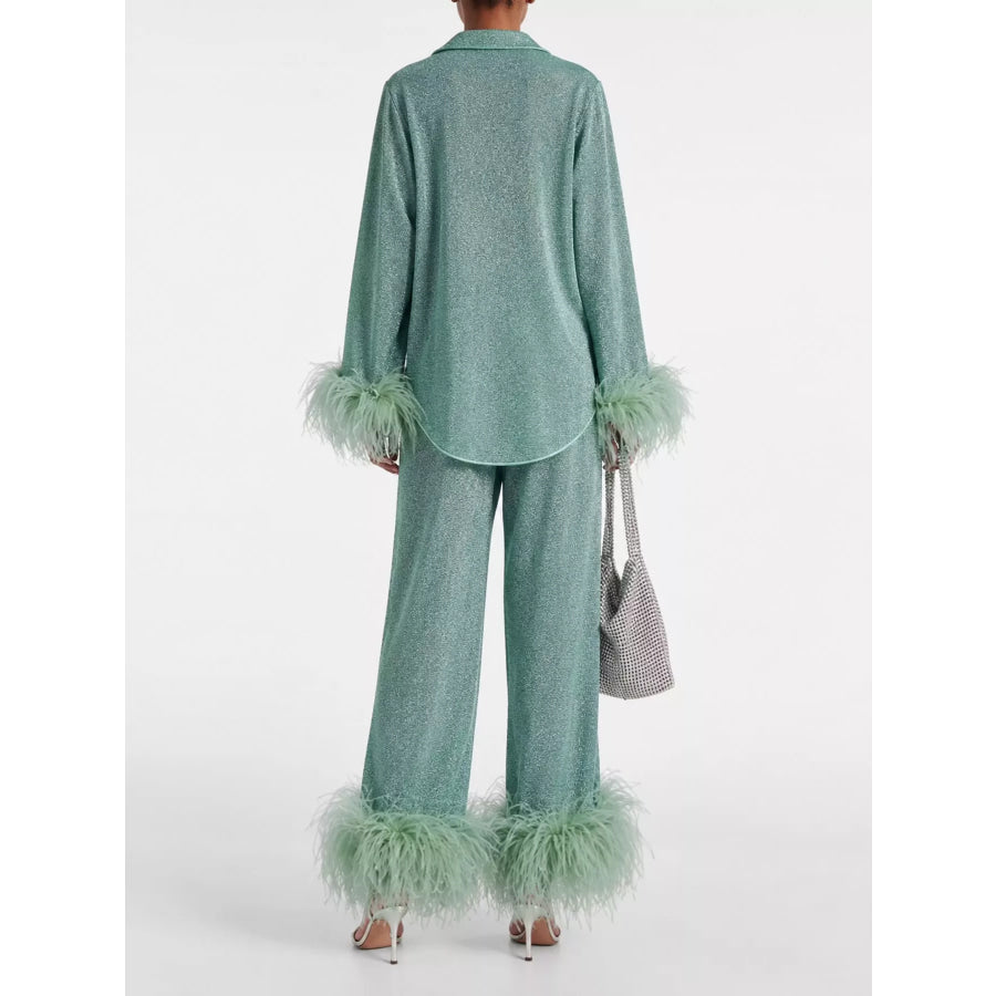 Feather-Trimmed Top and Wide Leg Pants Set Apparel Accessories