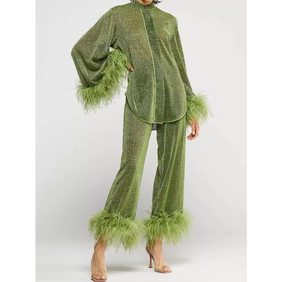 Feather-Trimmed Top and Wide Leg Pants Set Army Green / S Apparel Accessories
