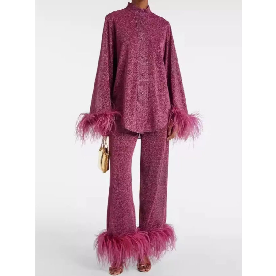 Feather-Trimmed Top and Wide Leg Pants Set Burgundy / S Apparel Accessories