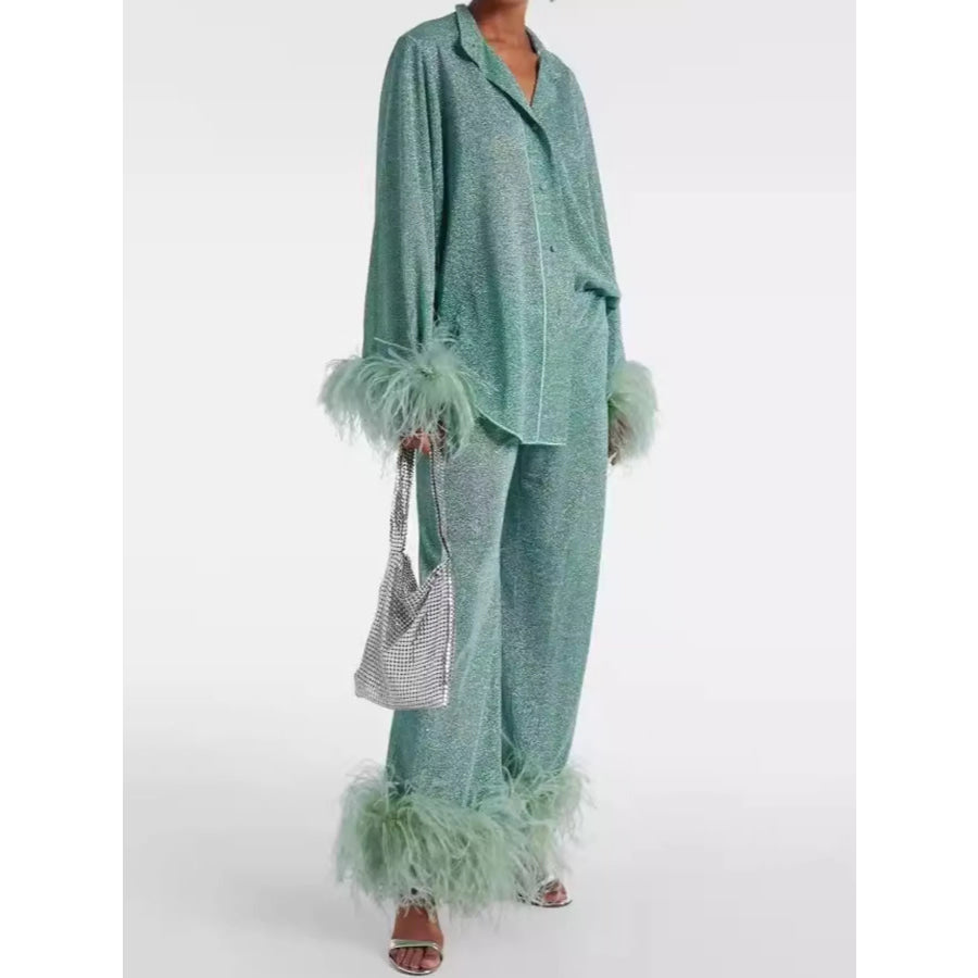 Feather-Trimmed Top and Wide Leg Pants Set Emerald / S Apparel Accessories
