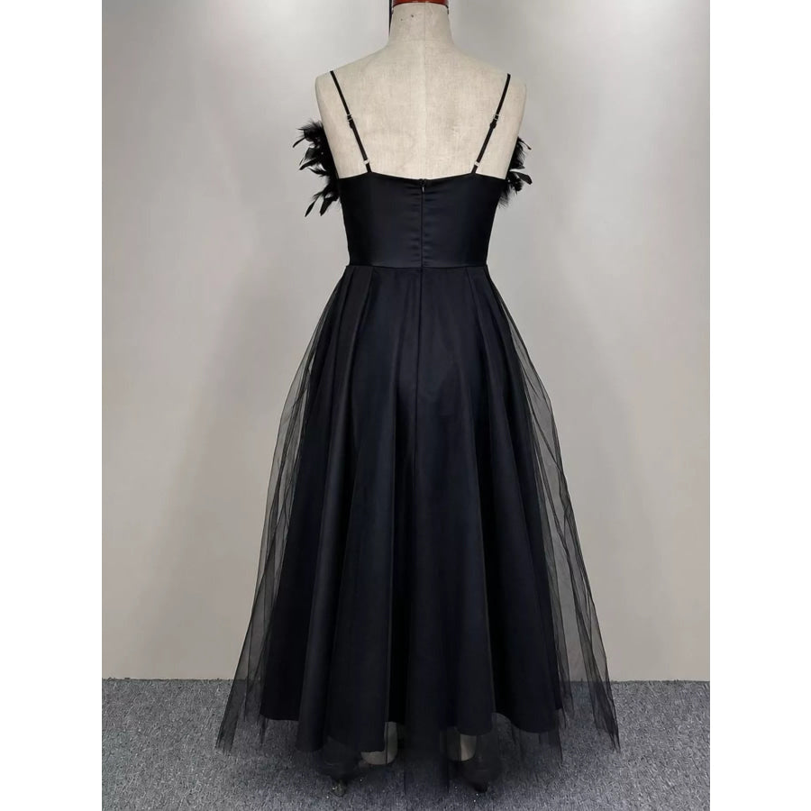 Feather-Trimmed Tulle Maxi Evening Dress Apparel and Accessories