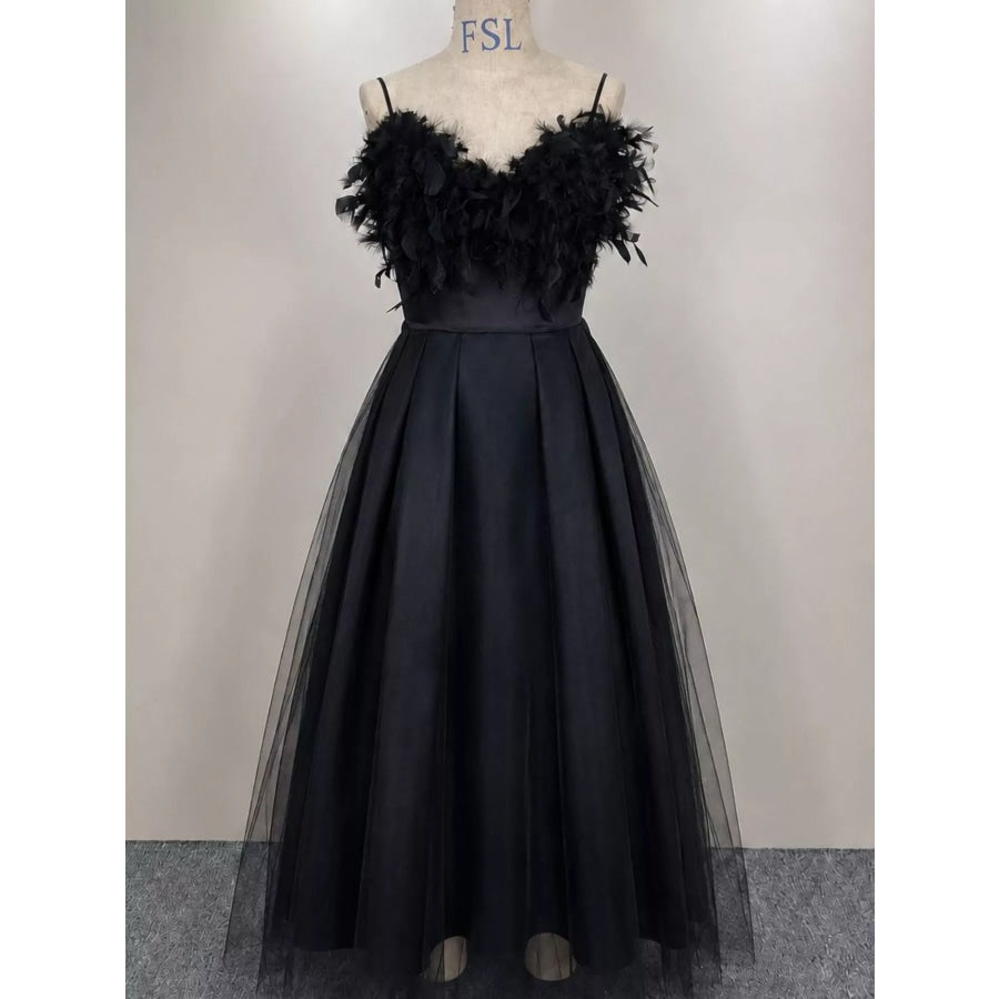 Feather-Trimmed Tulle Maxi Evening Dress Apparel and Accessories