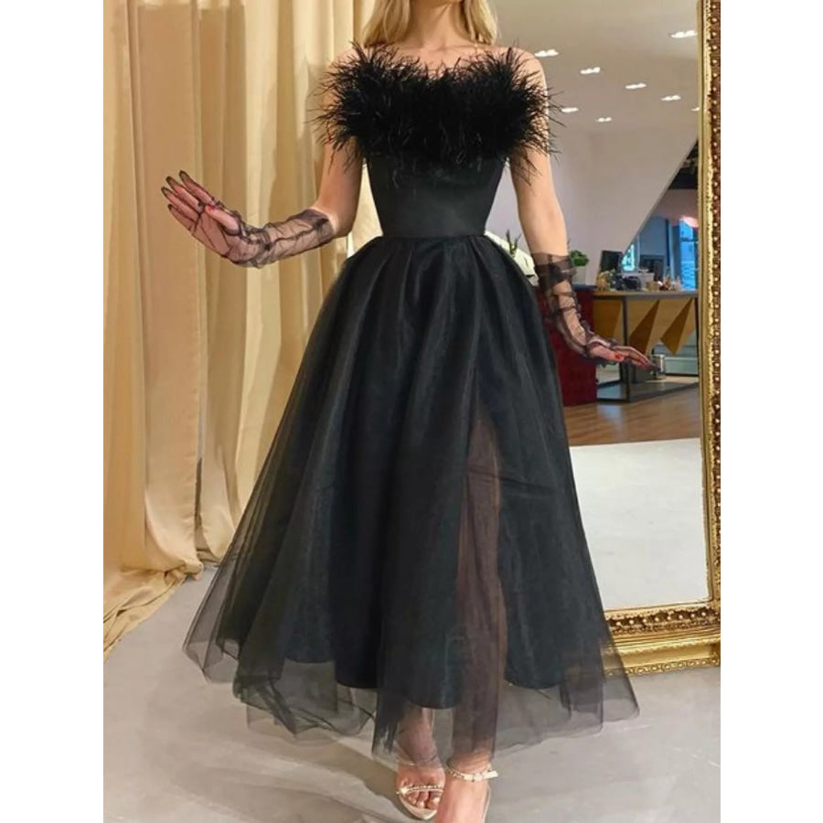 Feather-Trimmed Tulle Maxi Evening Dress Apparel and Accessories