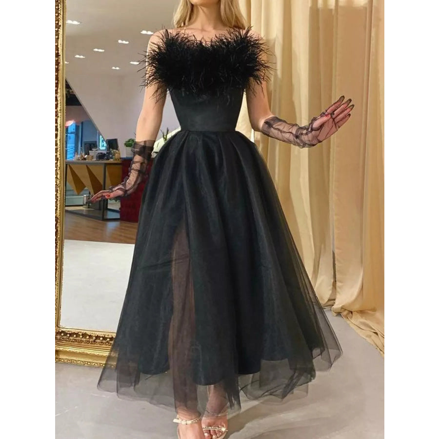 Feather-Trimmed Tulle Maxi Evening Dress Black / S Apparel and Accessories