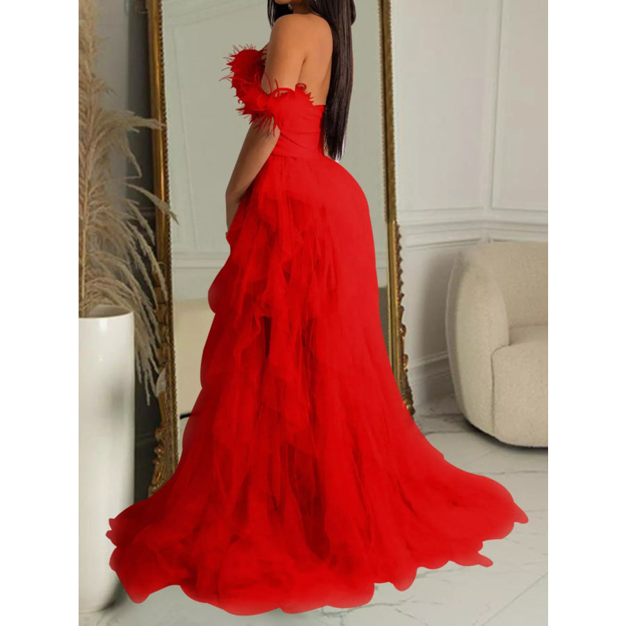 Feathered Corset Tulle Evening Dress Apparel and Accessories
