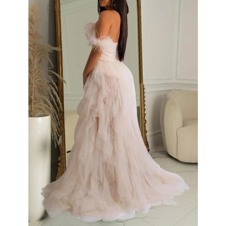 Feathered Corset Tulle Evening Dress Apparel and Accessories