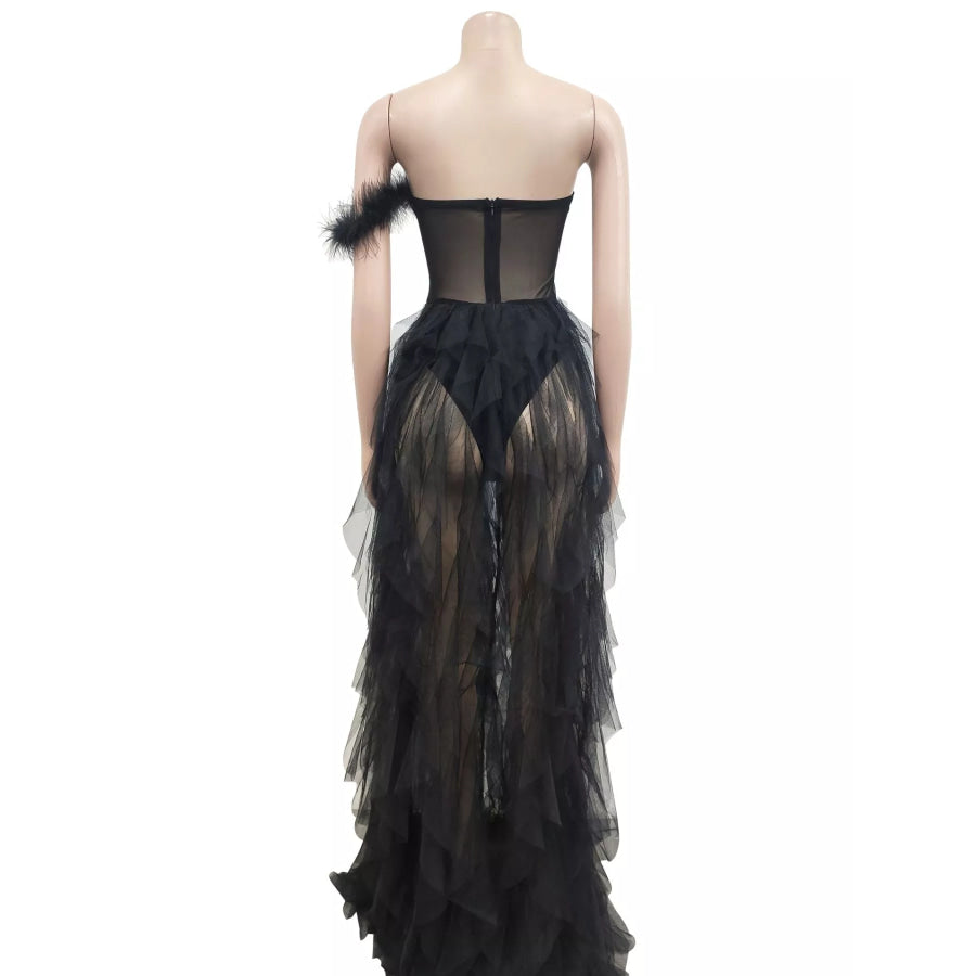 Feathered Corset Tulle Evening Dress Apparel and Accessories