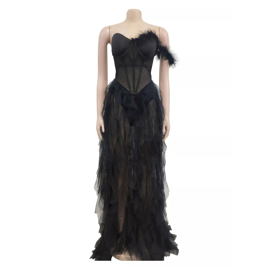 Feathered Corset Tulle Evening Dress Apparel and Accessories