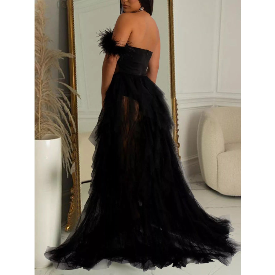 Feathered Corset Tulle Evening Dress Apparel and Accessories