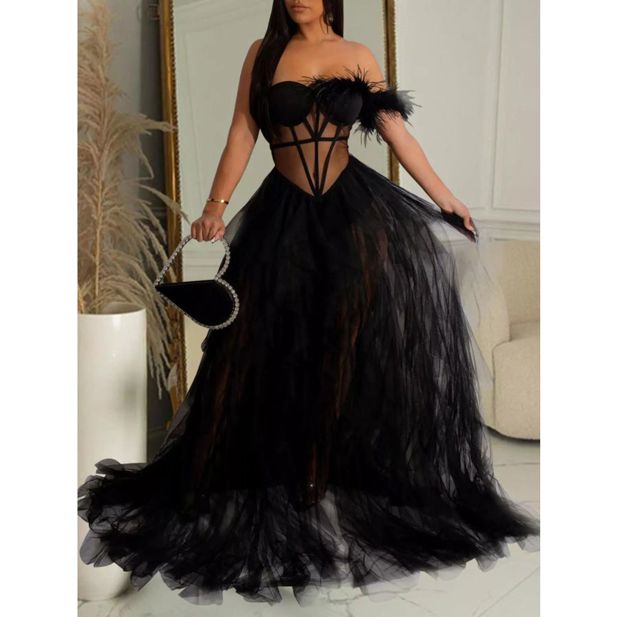 Feathered Corset Tulle Evening Dress Black / S Apparel and Accessories