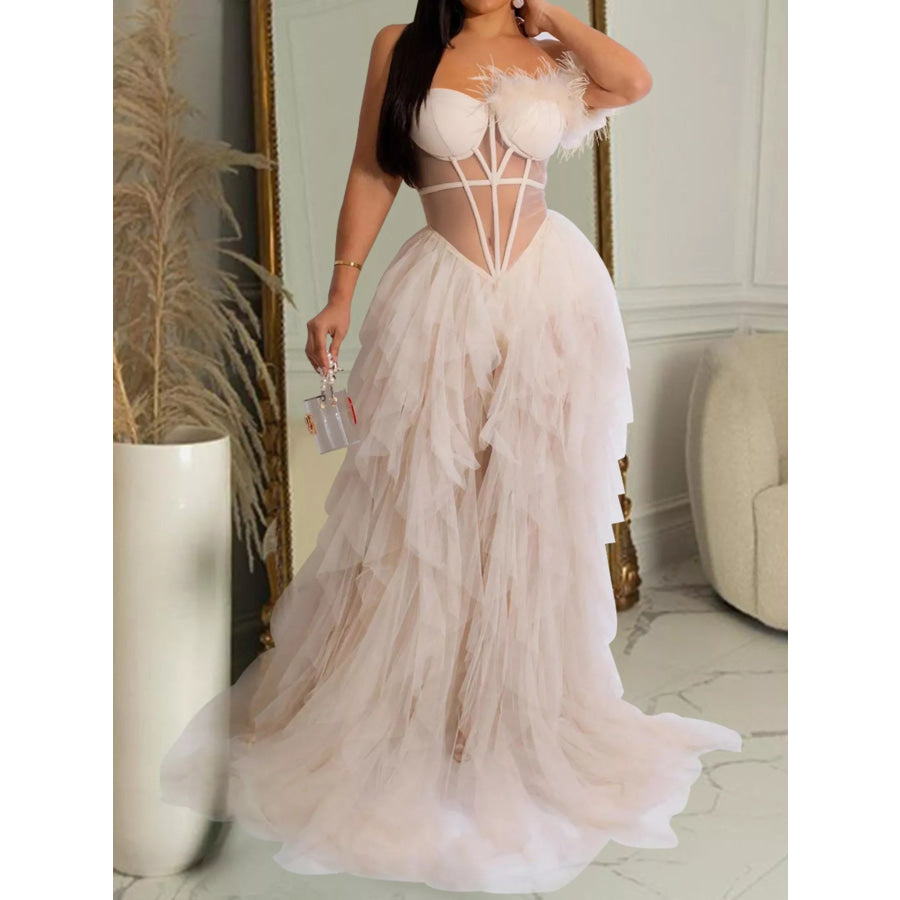 Feathered Corset Tulle Evening Dress Blush Pink / S Apparel and Accessories
