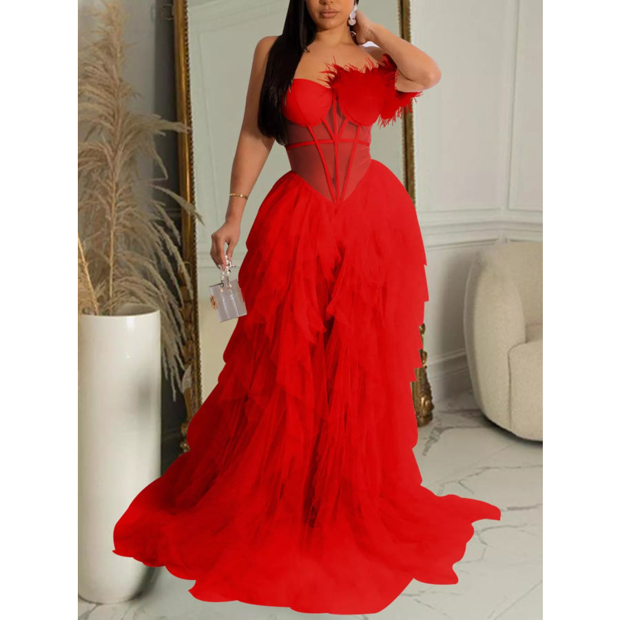 Feathered Corset Tulle Evening Dress Red / S Apparel and Accessories
