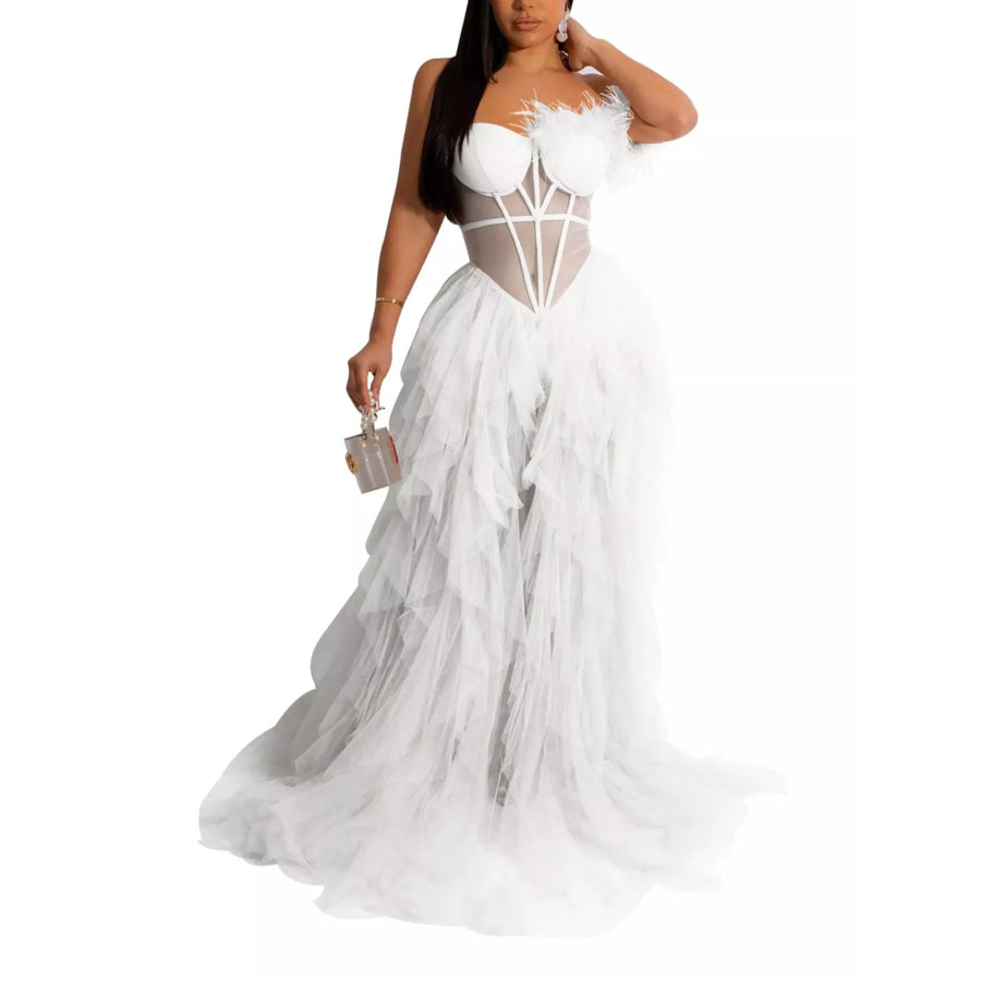 Feathered Corset Tulle Evening Dress White / S Apparel and Accessories