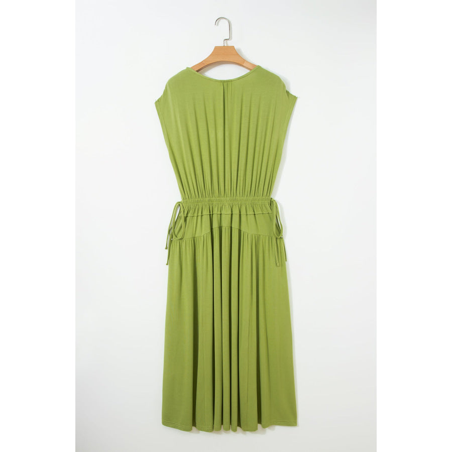 Fern Green Solid V Neck Cap Sleeve Tunic Elastic Waist Versatile Maxi Dress Dresses/Maxi Dresses