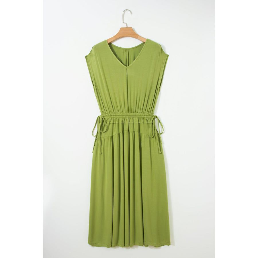 Fern Green Solid V Neck Cap Sleeve Tunic Elastic Waist Versatile Maxi Dress Dresses/Maxi Dresses