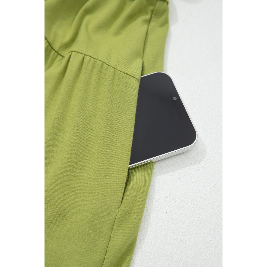 Fern Green Solid V Neck Cap Sleeve Tunic Elastic Waist Versatile Maxi Dress Dresses/Maxi Dresses
