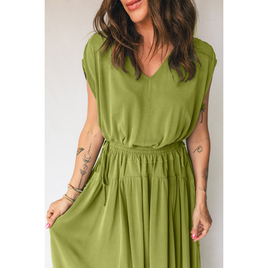Fern Green Solid V Neck Cap Sleeve Tunic Elastic Waist Versatile Maxi Dress Dresses/Maxi Dresses