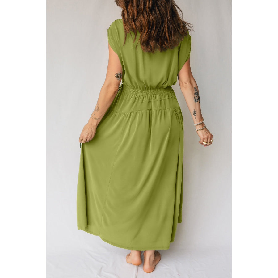 Fern Green Solid V Neck Cap Sleeve Tunic Elastic Waist Versatile Maxi Dress Dresses/Maxi Dresses
