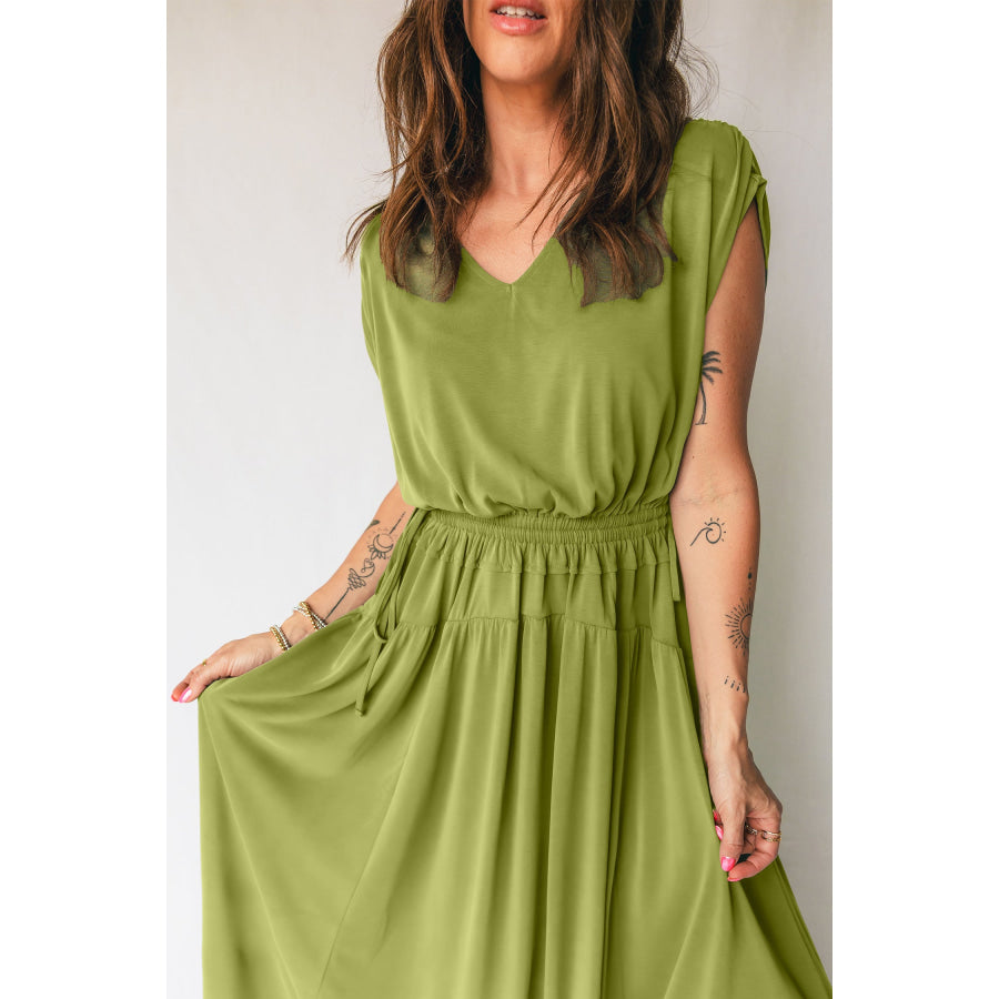 Fern Green Solid V Neck Cap Sleeve Tunic Elastic Waist Versatile Maxi Dress Dresses/Maxi Dresses