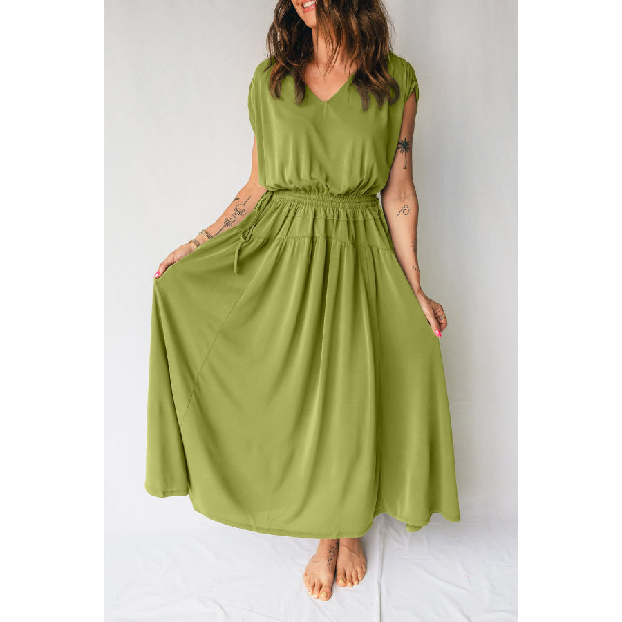 Fern Green Solid V Neck Cap Sleeve Tunic Elastic Waist Versatile Maxi Dress Dresses/Maxi Dresses