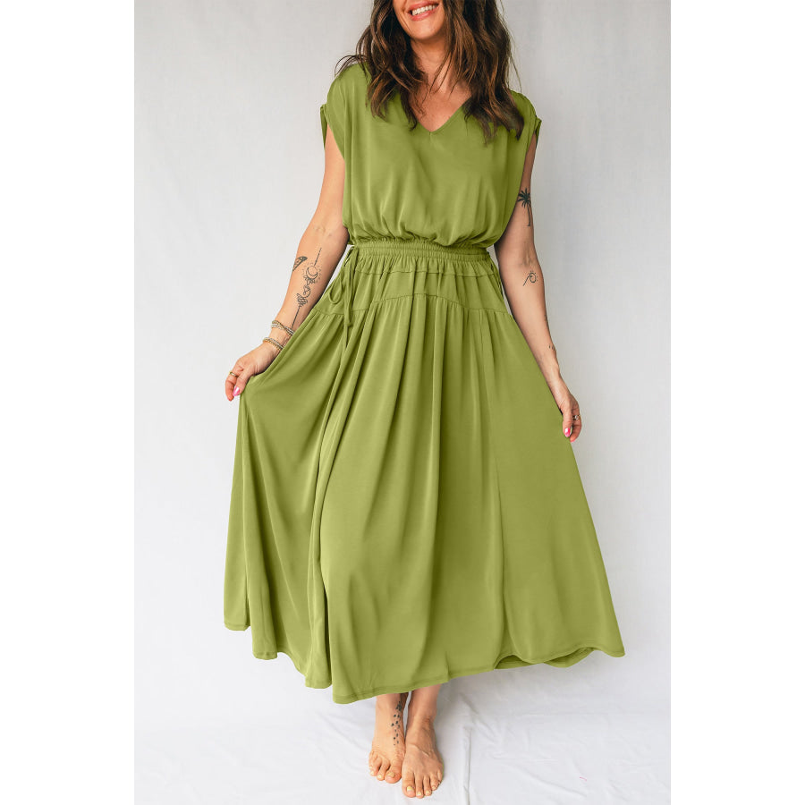 Fern Green Solid V Neck Cap Sleeve Tunic Elastic Waist Versatile Maxi Dress Fern Green / S / 93% Viscose + 7% Elastane Dresses/Maxi Dresses