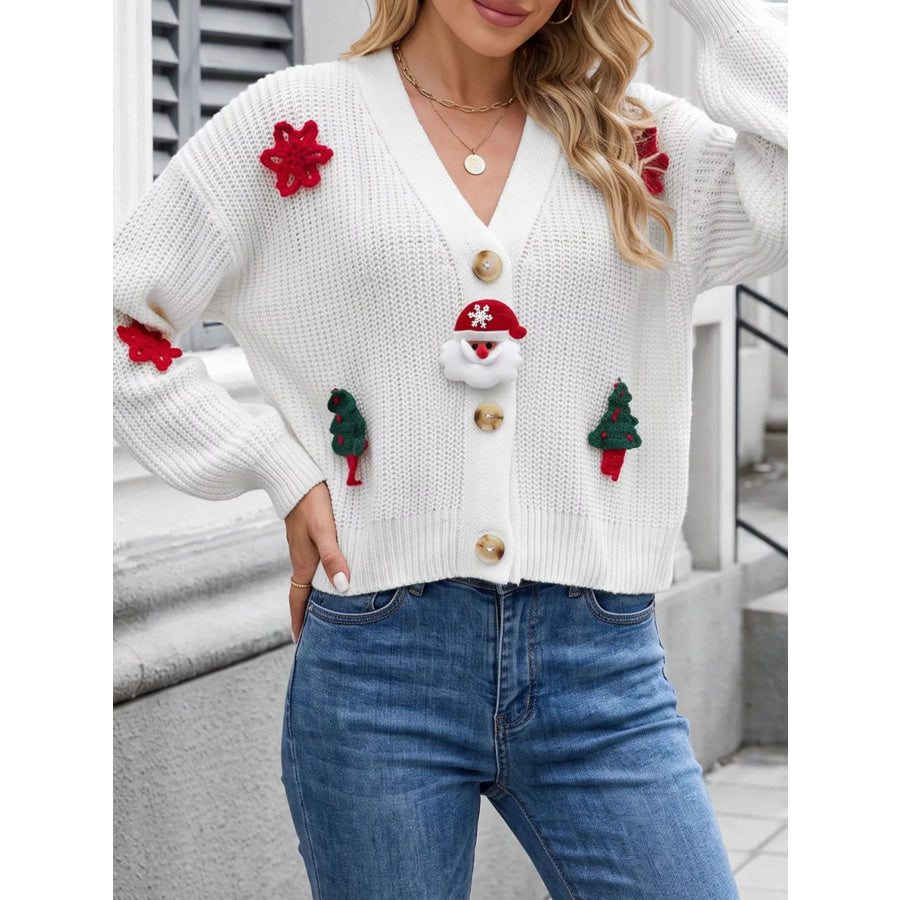Festive Christmas Applique V-Neck Knit Cardigan White / S Apparel and Accessories