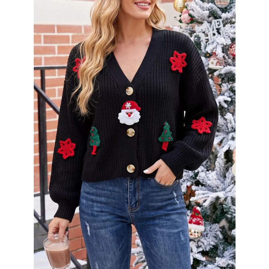 Festive Christmas Applique V-Neck Knit Cardigan Black / S Apparel and Accessories
