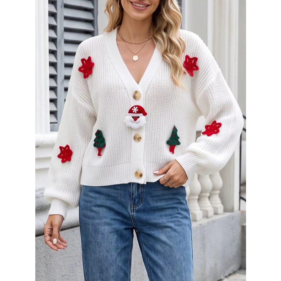 Festive Christmas Applique V-Neck Knit Cardigan White / S Apparel and Accessories