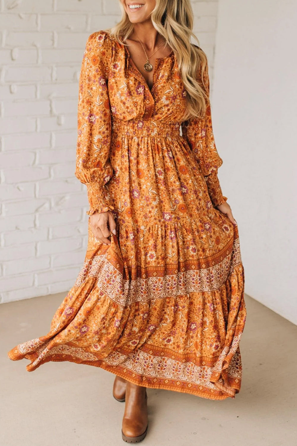 Orange Floral Print Smocked Waist Long Sleeve Boho Maxi Dress