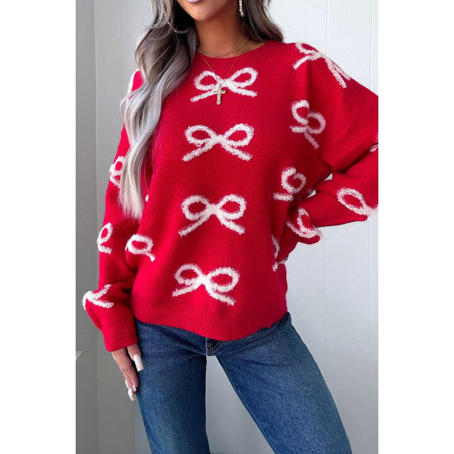 Fiery Red All Over Bow Dropped Shoulder Round Neck Shift Sweater Fiery Red / S Sweaters & Cardigans/Sweaters
