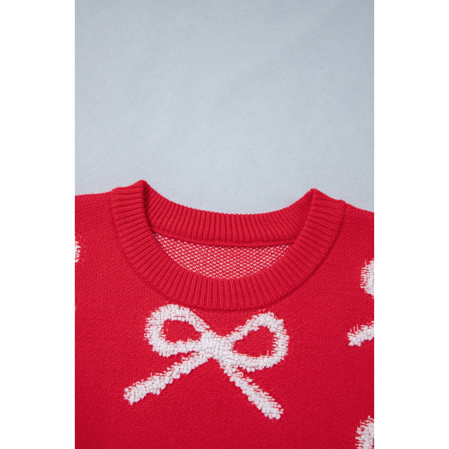 Fiery Red All Over Bow Dropped Shoulder Round Neck Shift Sweater Sweaters & Cardigans/Sweaters