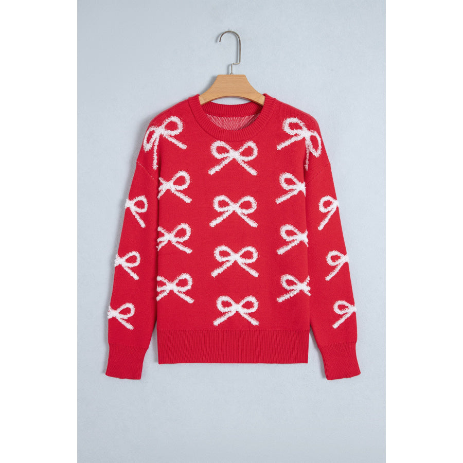 Fiery Red All Over Bow Dropped Shoulder Round Neck Shift Sweater Sweaters & Cardigans/Sweaters