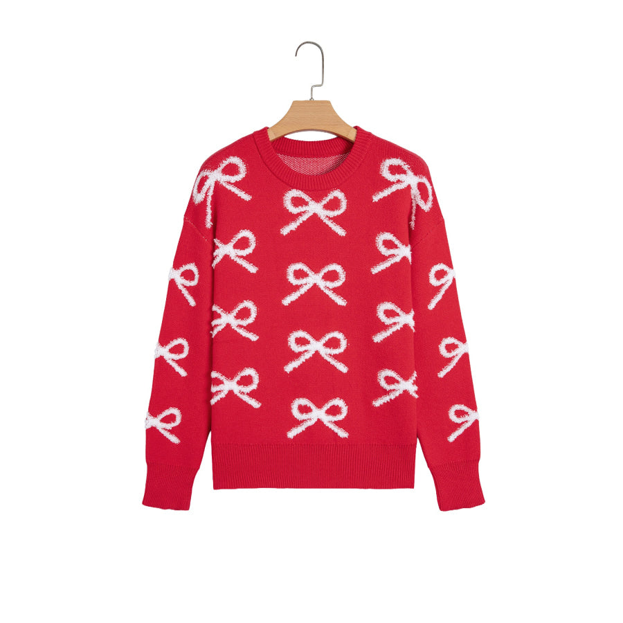 Fiery Red All Over Bow Dropped Shoulder Round Neck Shift Sweater Sweaters & Cardigans/Sweaters