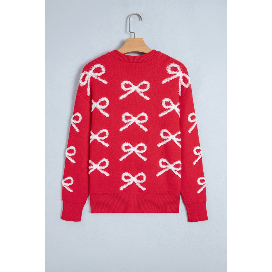 Fiery Red All Over Bow Dropped Shoulder Round Neck Shift Sweater Sweaters & Cardigans/Sweaters