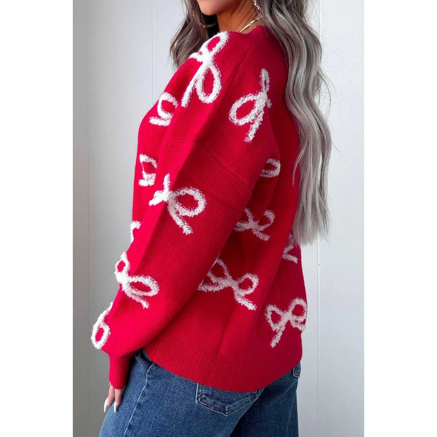 Fiery Red All Over Bow Dropped Shoulder Round Neck Shift Sweater Sweaters & Cardigans/Sweaters