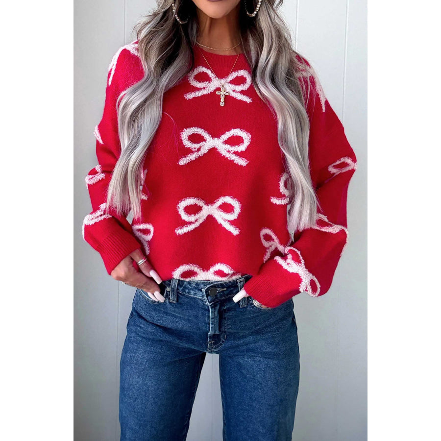 Fiery Red All Over Bow Dropped Shoulder Round Neck Shift Sweater Sweaters & Cardigans/Sweaters