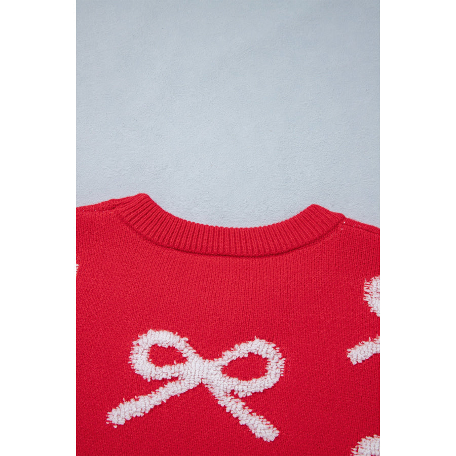 Fiery Red All Over Bow Dropped Shoulder Round Neck Shift Sweater Sweaters & Cardigans/Sweaters