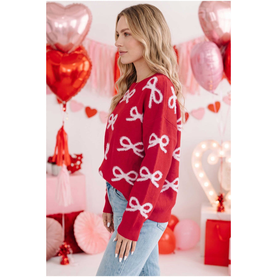 Fiery Red All Over Bow Dropped Shoulder Round Neck Shift Sweater Sweaters & Cardigans/Sweaters