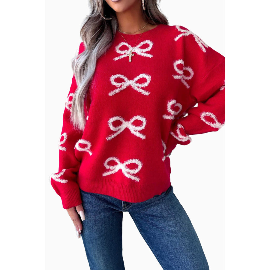 Fiery Red All Over Bow Dropped Shoulder Round Neck Shift Sweater Sweaters & Cardigans/Sweaters