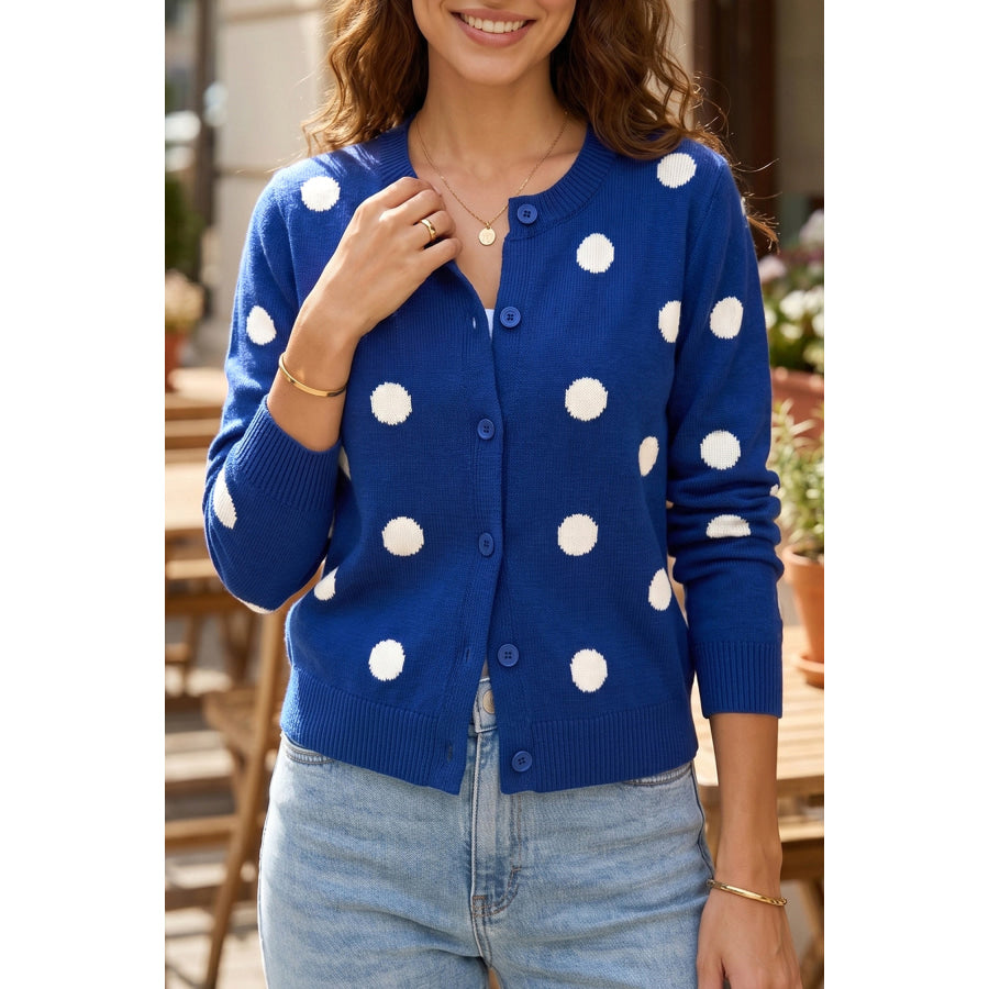 Fiery Red Casual Polka Dot Button Front Long Sleeve Sweater Cardigan Sweaters & Cardigans/Cardigans