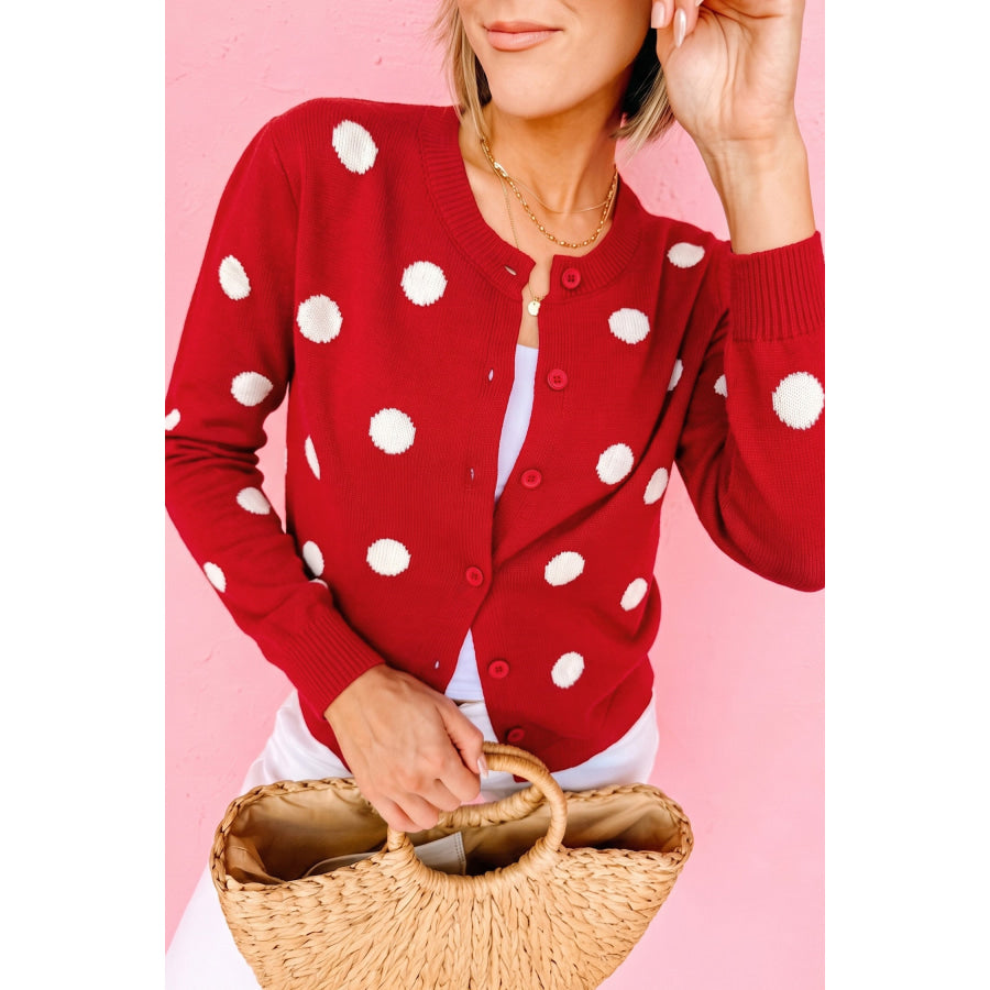 Fiery Red Casual Polka Dot Button Front Long Sleeve Sweater Cardigan Sweaters & Cardigans/Cardigans