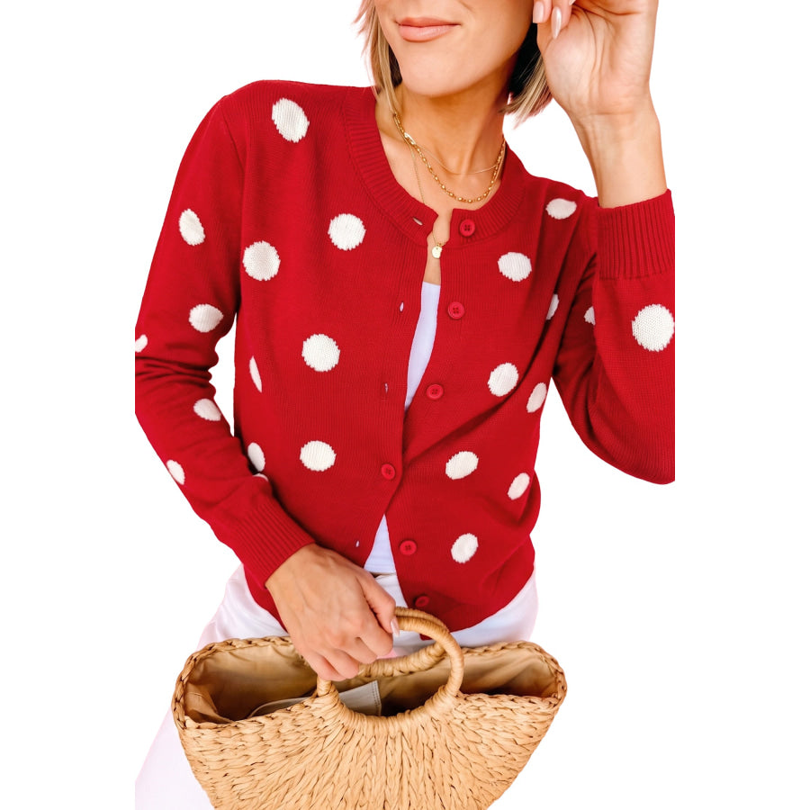 Fiery Red Casual Polka Dot Button Front Long Sleeve Sweater Cardigan Sweaters & Cardigans/Cardigans