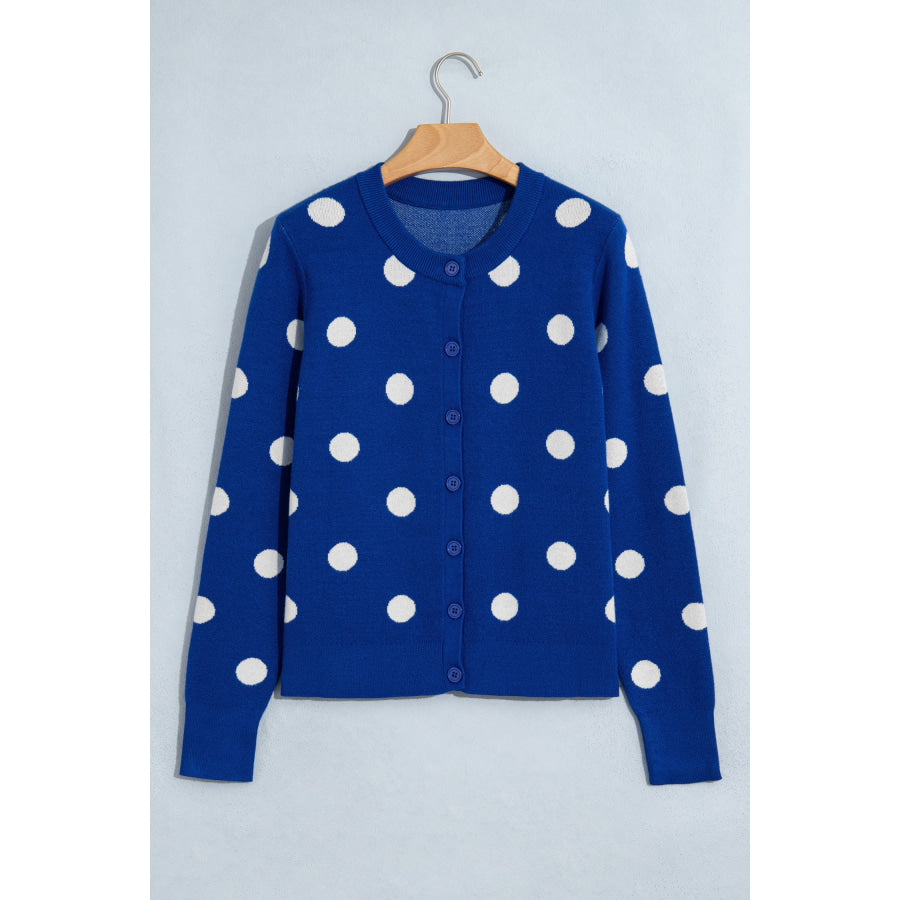Fiery Red Casual Polka Dot Button Front Long Sleeve Sweater Cardigan Sweaters & Cardigans/Cardigans