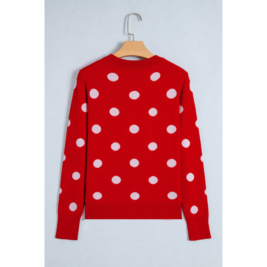 Fiery Red Casual Polka Dot Button Front Long Sleeve Sweater Cardigan Sweaters & Cardigans/Cardigans