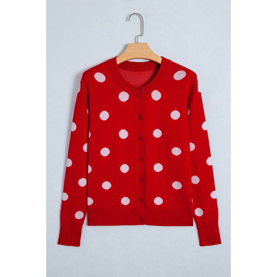 Fiery Red Casual Polka Dot Button Front Long Sleeve Sweater Cardigan Sweaters & Cardigans/Cardigans