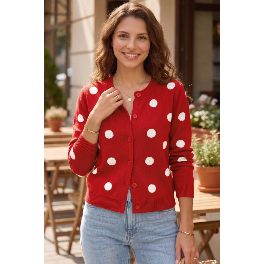 Fiery Red Casual Polka Dot Button Front Long Sleeve Sweater Cardigan Sweaters & Cardigans/Cardigans