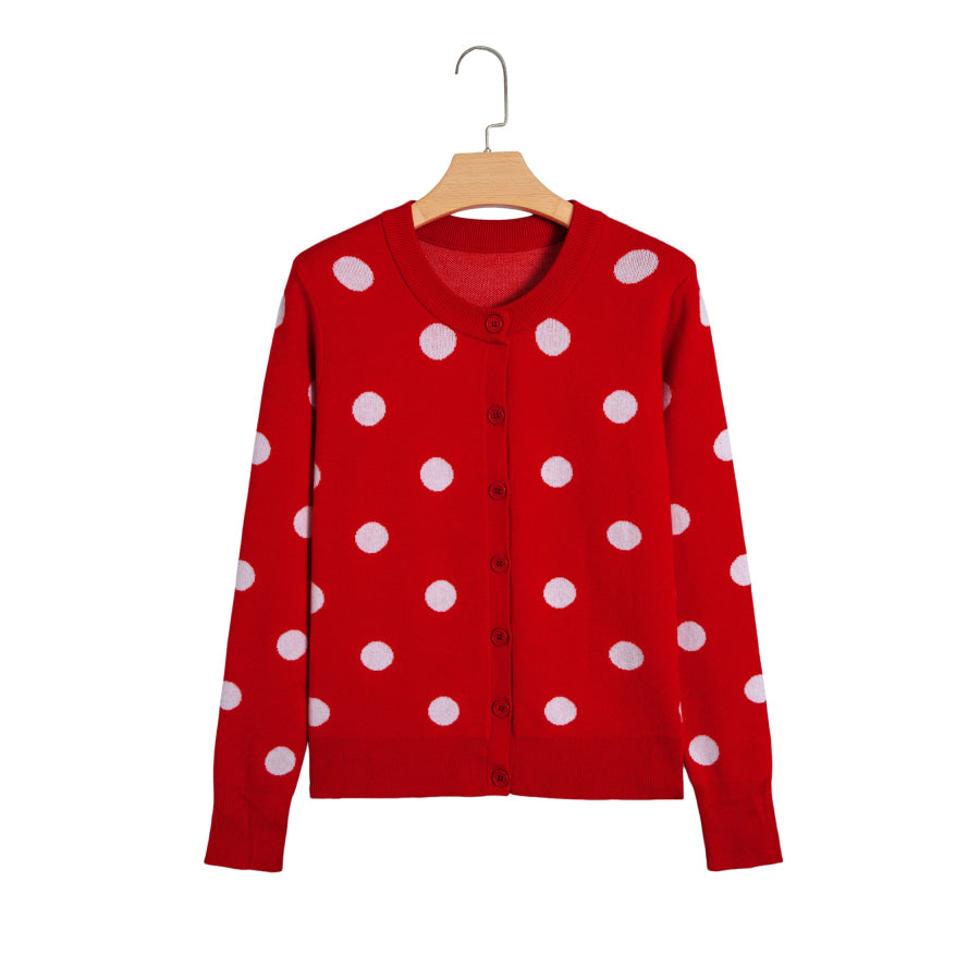 Fiery Red Casual Polka Dot Button Front Long Sleeve Sweater Cardigan Sweaters & Cardigans/Cardigans